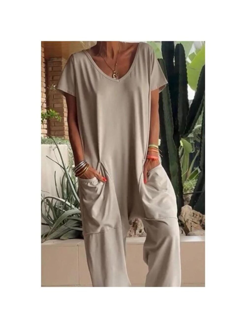 Full Size Casual V-Neck Short Sleeve Jumpsuit with Pockets Plus Size